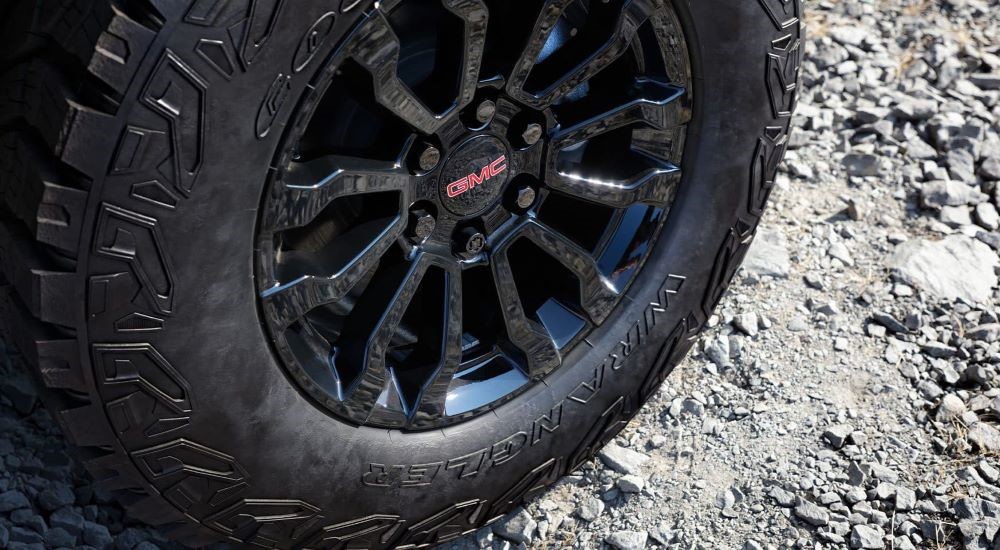 Close-up on the wheel of a 2025 GMC Sierra 1500 AT4X.