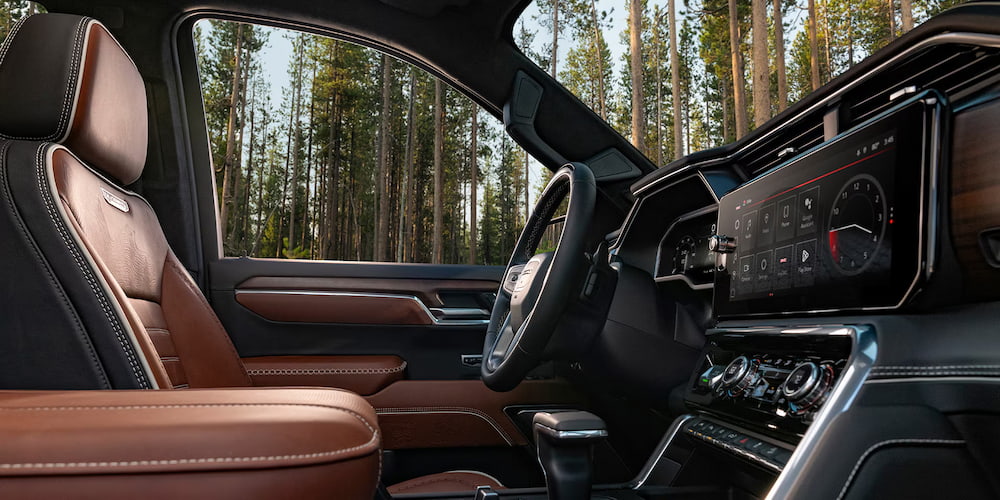 Brown leather interior of a 2026 GMC Sierra 1500