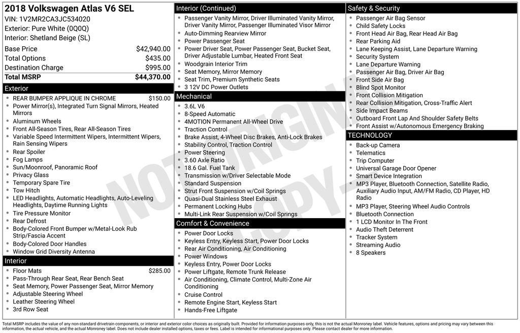 2018 Volkswagen Atlas 3.6L V6 SEL